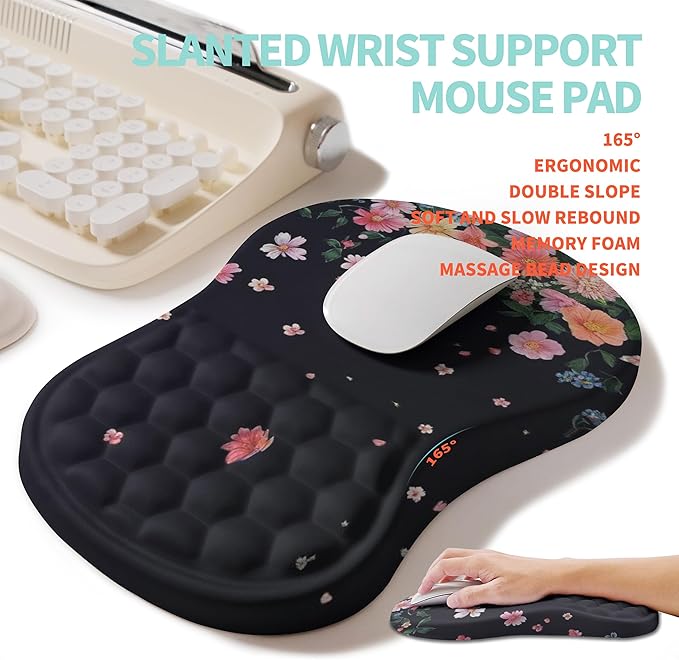 KUOSGM 2-in-1 Ergonomic Set, Wave Rise Keyboard Wrist Rest and Massage Bulge Slope Mouse Pad Wrist Support, Cushion Memory Foam Integrated to Relieve Wrist Pain, Flower Dance