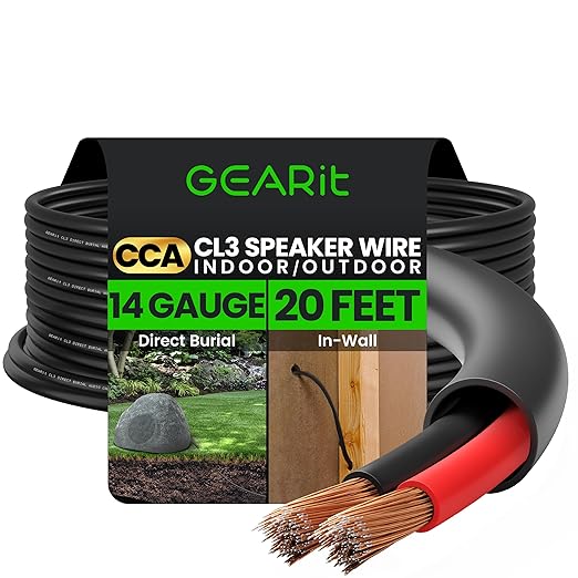 GEARit Outdoor Speaker Wire CL3 Rated, 14 Gauge Speaker Wire, Speaker Cable 20 ft for Outdoor Speakers, Patio, Garden, Backyard Audio, Direct Burial in Ground/in Wall, CCA (Black, 2-Conductors)