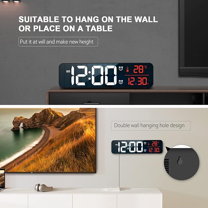 Hournor Digital Clock for Bedroom, Digital Wall Clock for Living Room Decor, Desk Table Clocks, Digital Clock Large Display, Bedroom Smart Alarm Clock for Office Red