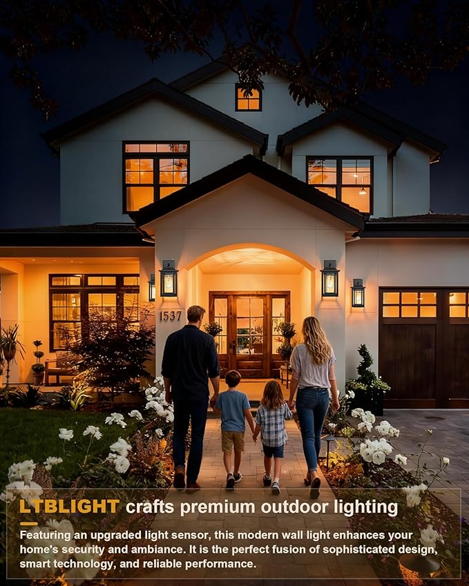 LTBLIGHT 2-Pack Dusk to Dawn Outdoor Light Fixtures, Modern Black Sensor Porch Light Fixtures, Waterproof Exterior Lighting for House, Yard, Entryway, Garage, 120V