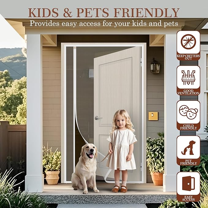 Yotache White Reversible Left Right Side Opening Magnetic Screen Door Fits Door Size 36 x 78, Top Middle Anti-Tearing Net Curtain, Actual Screen Size 38" x 79"