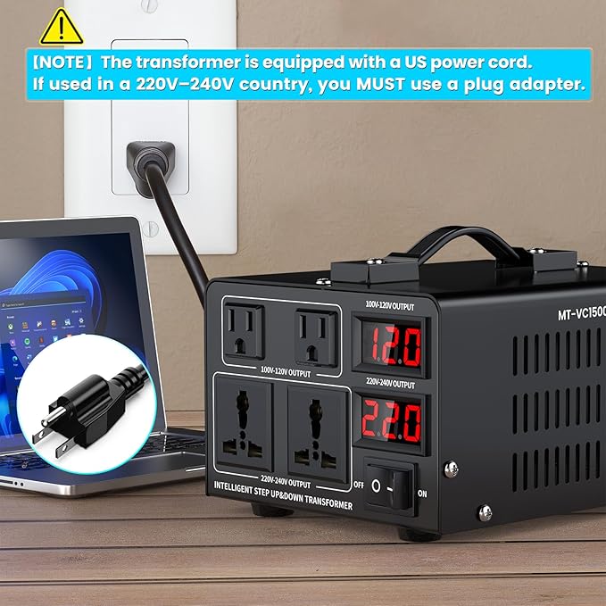 1500W Voltage Converter Transformer(110V to 220V or 220V to 110V) Step Up/Down Converter 110/120 Volt - 220/240 Volt w/US Power Cord,Circuit Breaker Protection, LCD Screen Display, Manual Setting