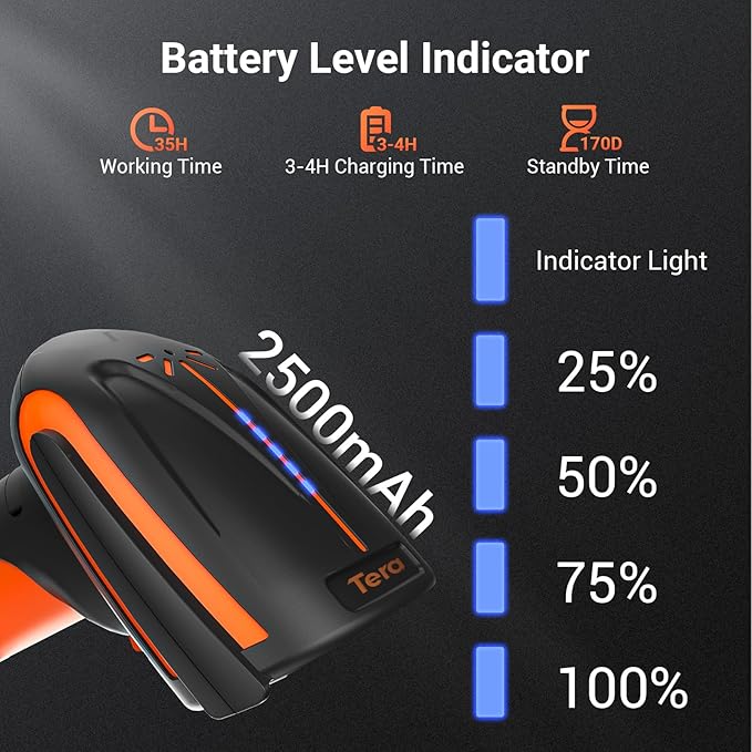 Tera Barcode Scanner Wireless 2D QR: Pro Version All New Battery Level Indicator 2500mAh Industrial Drop-Proof 1D 2D QR Bar Code Reader Works with Bluetooth 2.4G for Windows Mac Android iOS 8100Pro