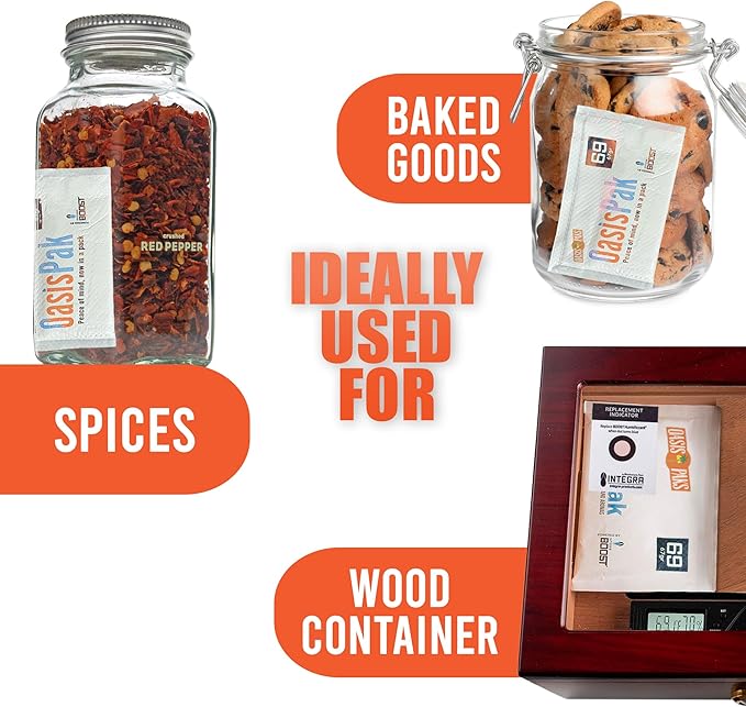 OasisPak 69% RH Two-Way Humidity Control Packs (12 Pack) - 67 Gram Packs | Maintain Humidty, Freshness, Flavors & Aromas | Salt-Free, Leak-Proof Moisture Absorbers for Storage Cases & Containers