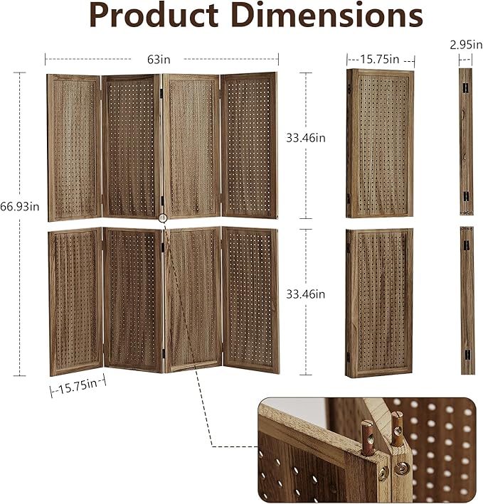Leesinwing 4 Panel Wooden Room Dividers, 5.6FT High Plug-in Folding Screen Made of Natural Wood, Pegboard Display for Bedroom and Shopping Malls and Jewelry Stores, Dark Brown