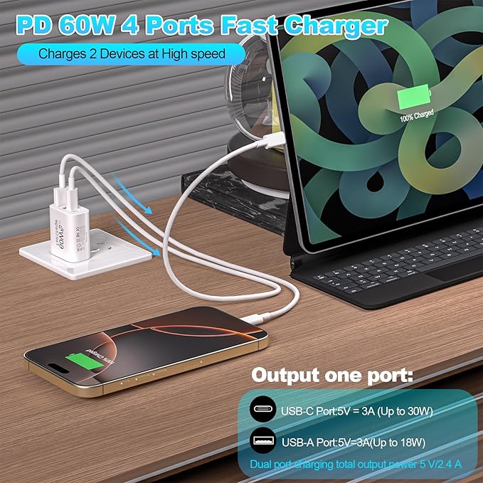 60W USB C Charger Block Fast Charging,2Pack 4Port Type C Charger Fast Charging Blocks 2 Type-C & 2 USB-A Ports Power Adapter for iPhone 17/17 Air/16/15/14/13/12/11 Pro Max/XS/XR/8/7/6,iPad,Samsung