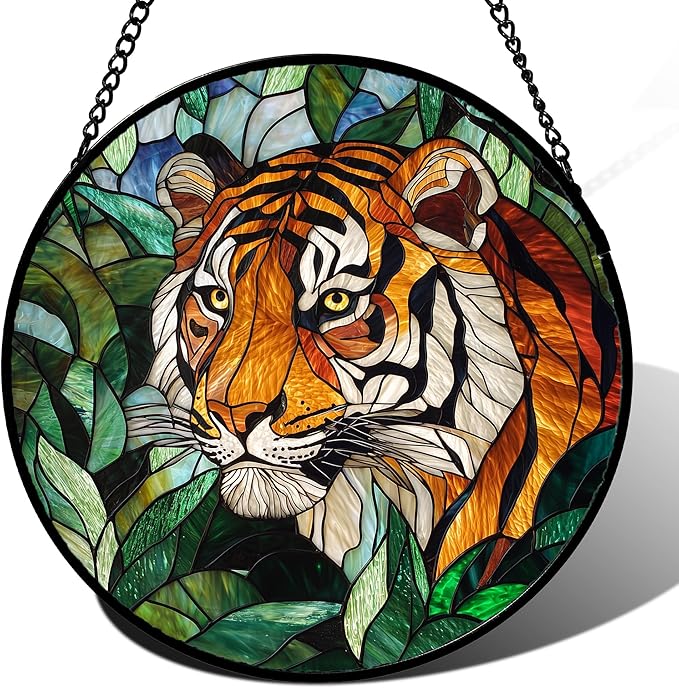 AMDERVEN Stained Glass Window Hanging, Fierce Tiger Sun Catcher for Door Home Decor Wild Animals Suncatcher Christmas Mother's Day Birthday Gifts for Women Men Mom and Nana 7.8 in