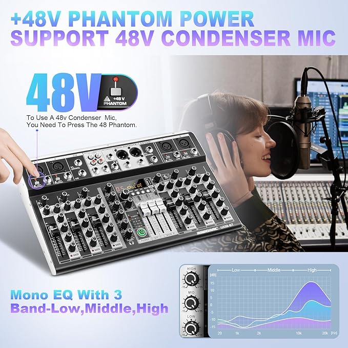 8 Channel Audio Mixer DJ Mixer Sound Board Console 16 Dsp USB Audio Interface MP3 Input +48V Phantom Bluetooth Studio Mixer Audio For Karaoke Streaming Recording
