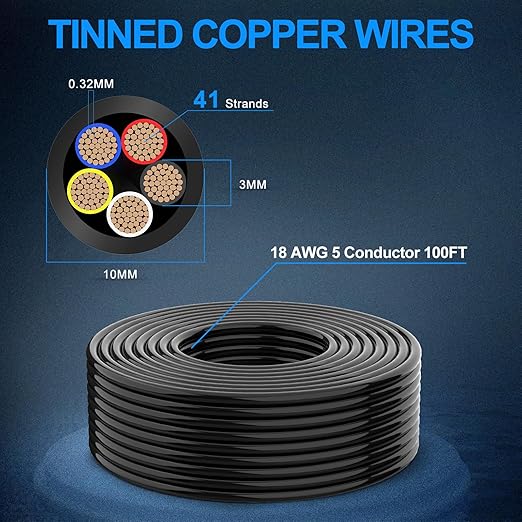 NAOEVO 18 Gauge Wire 5 Conductor Electrical Wire, 18 AWG Stranded PVC Cord, 12V Low Voltage/Tinned Copper/Flexible Cable for Automotive Wiring, Lamp Cord, Marine Cable (100FT)