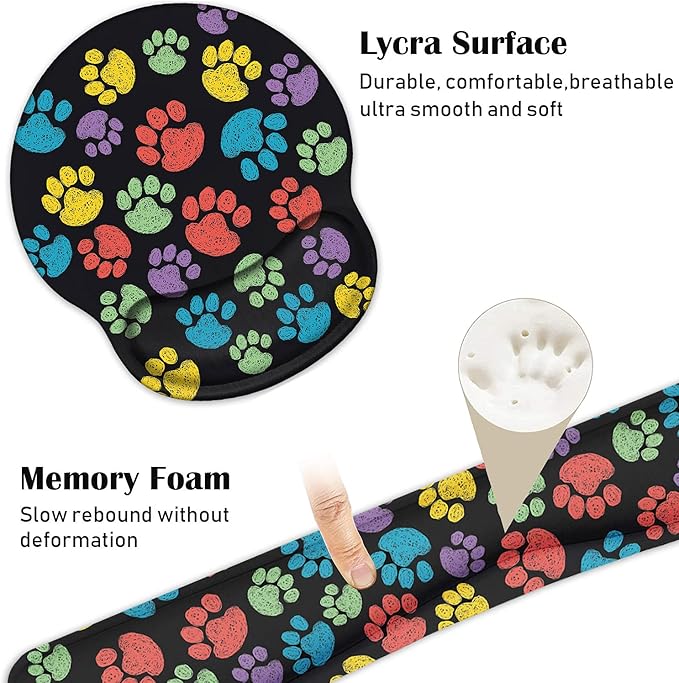 Keyboard Wrist Rest and Mouse Pad Wrist Support Set with Coasters, Non-Slip PU Base Ergonomic Gaming Mousepad for Home Office Working Studying Easy Typing & Pain Relief, Colorful Dog Paw Print