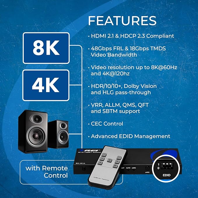 OREI 8K eARC HDMI 2.1 Switch 4x1, Switcher with Audio Extractor UltraHD Supports Upto 4K @ 120Hz PS5, Xbox, Gaming, Remote Contorl IR EDID HDCP 2.3 - Optical Out, L/R Headphones (BK-401ARC)