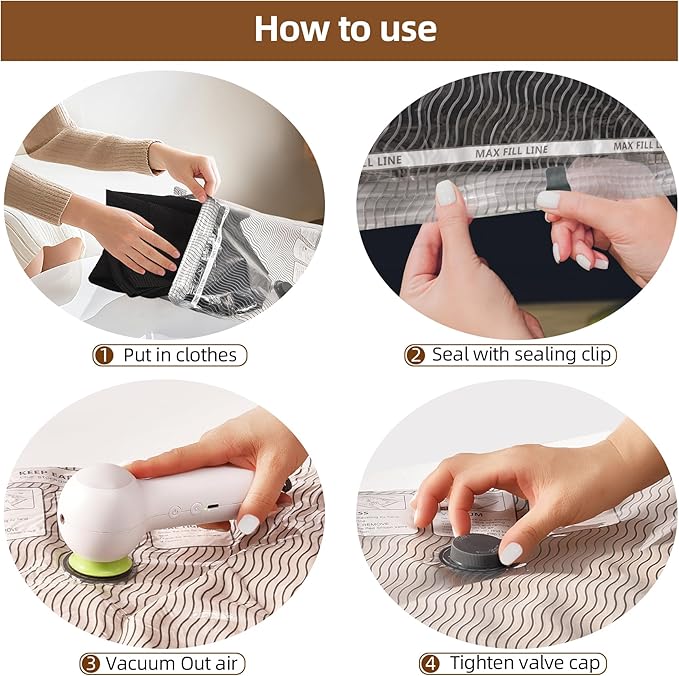 VACKFOX 12 Pack Vacuum Bags for Travel with Rechargeable Air Pump Equipped LED Light, Vacuum Storage Bags(4L+4M+4S), 80% Space Saver Vacuum Seal Bags for Blankets, Comforters, Lugggage