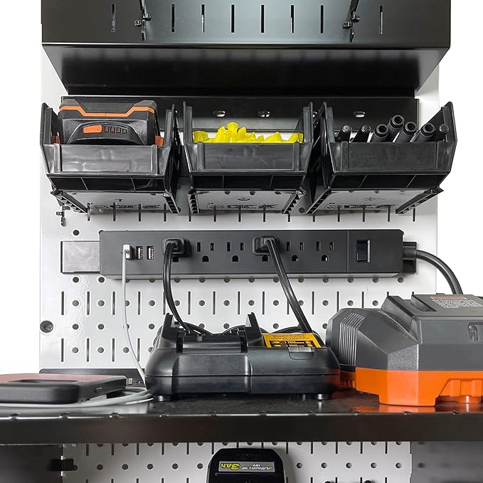 Wall Control Power Tool Storage Organizer Kit Cordless Drill Holder Charging Station Rack 16” x 32” Metal Pegboard Organization System (Orange Pegboard)