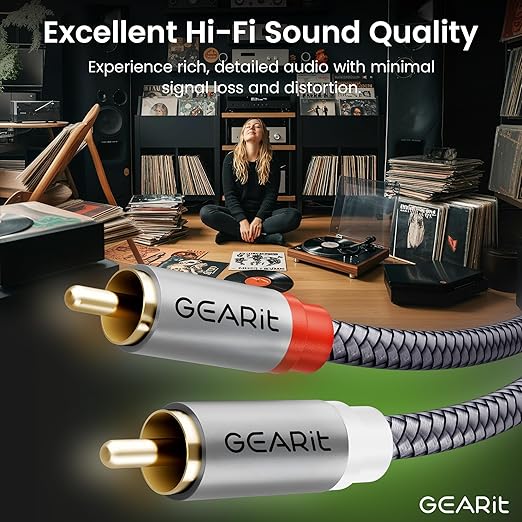 GEARit RCA Cable (15FT) 2RCA Male to 2RCA Male Stereo Audio Cables Shielded Braided RCA Stereo Cable for Home Theater, HDTV, Amplifiers, Hi-Fi Systems, Car Audio, Speakers, 15 Feet