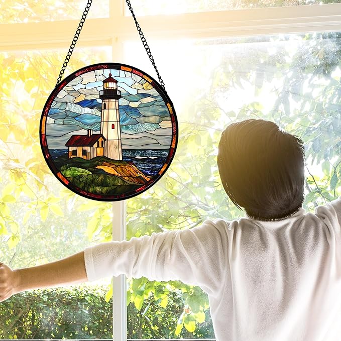 DASTOLL Stained Glass Window Hanging, Ocean Lighthouse Sun Catchers Glass Panel Blue Green Suncatcher Decor for Birthday for Women, Men, Wife, Aunt, and Mom 7.8 in