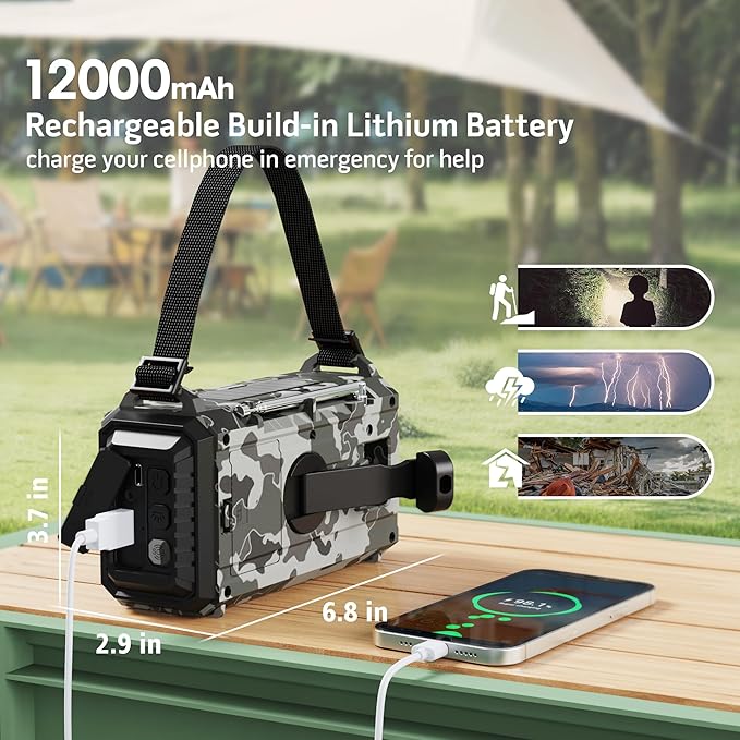 Mesqool Emergency Radio AM/FM/SW/NOAA Weather Radio, 12000 Battery Powered Rechargeable Hand Crank Solar Radio Flashlight Cell Phone Charger, SOS, Including Type-C Adapter Cord