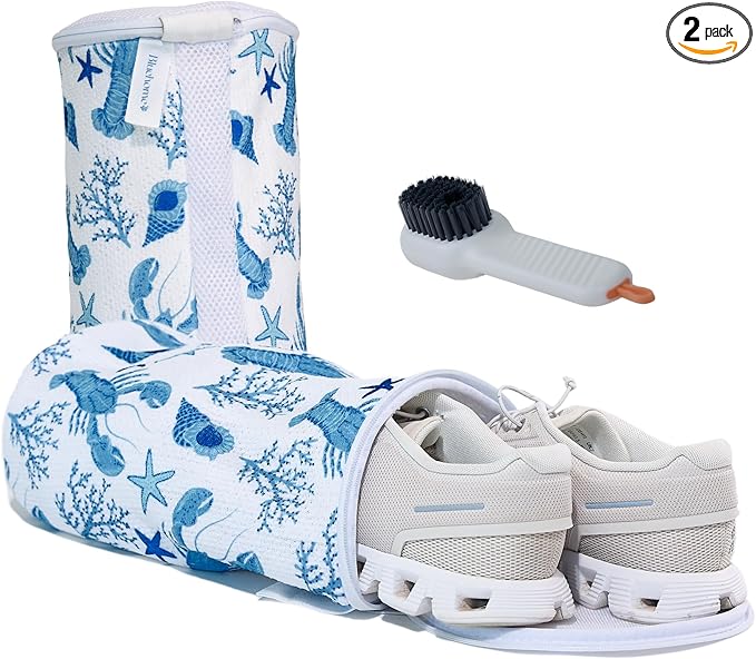 Shoe Washing Machine Bags (2-Pack) with Sneaker Brush – Deep Clean & Protection Thick Chenille Shoe Laundry Bags for Sneakers, Tennis & Casual Shoes, Travel & Storage | Ocean Print | Bluehome