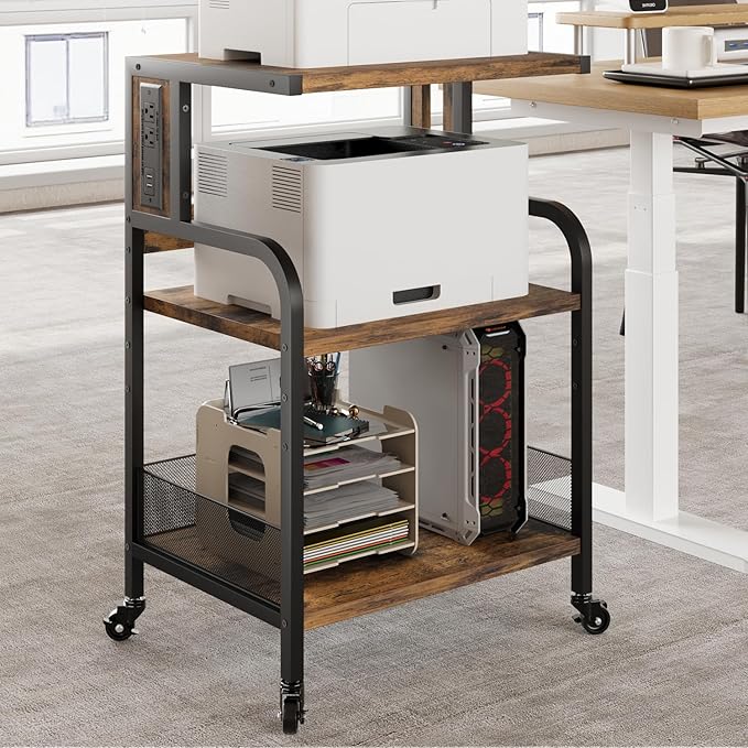 Garvee 3-Tier Large Printer Stand with Power Outlets & USB Port, Industrial Rolling Printer Cart with Heavy Duty Metal Frame & Adjustable Shelf & Storage & Lockable Wheels for Home Office, Retro Brown