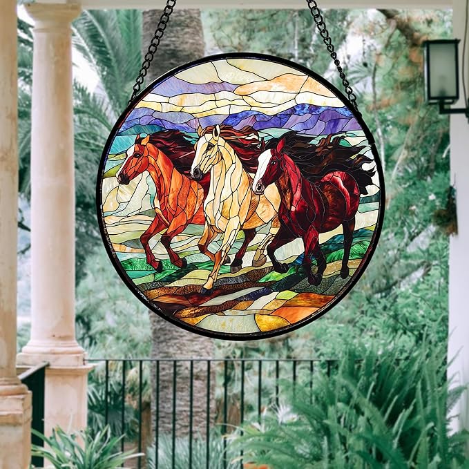 DASTOLL Stained Glass Window Hanging, Colorful Landscape Running Horse Suncatcher for Doors Window Home Sun Catchers Decoration Mother's Day Birthday Gifts for Women, Men, and Mom 11.8x11.8 in