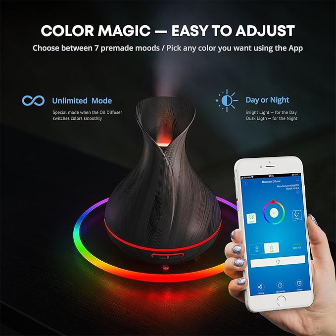 Sierra Modern Home Smart WiFi Wireless Essential Oil Aromatherapy 400ml Ultrasonic Diffuser & Humidifier with Alexa & Google Home Phone App & Voice Control - LED & Timer Settings Dark Brown