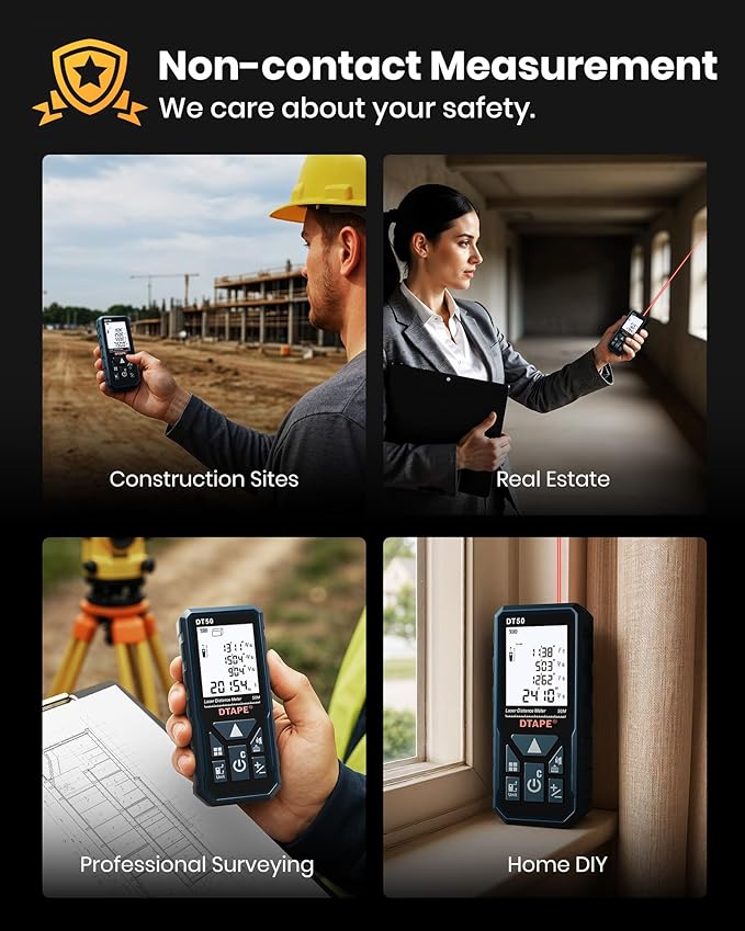 Laser Measure, DTAPE 330 Ft Digital Laser Distance Meter, Upgraded High-Accuracy Laser Measuring Tool, Electronic Tape Measure, 2" Backlit LCD Display, Area/Volume/Indirect Measurement, in/Ft/Ft+in/M