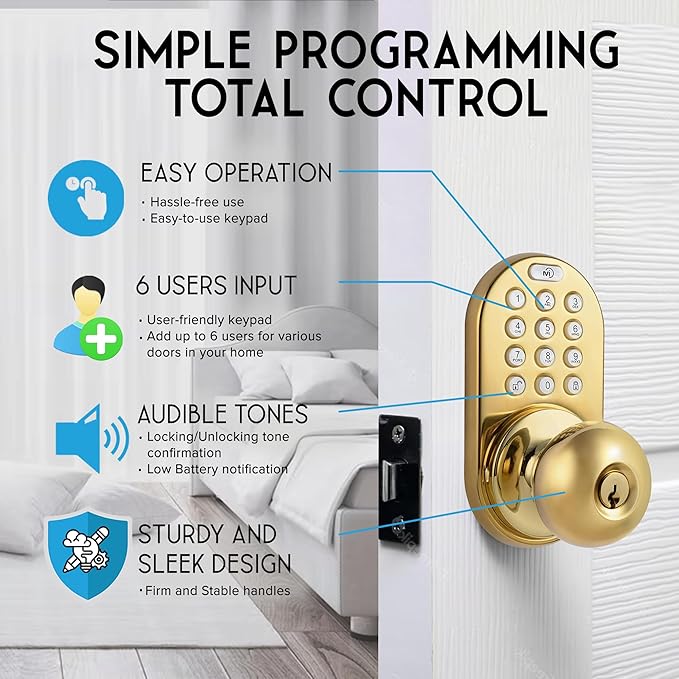 MiLocks TKK-02P Digital Door Knob Handle Lock with Electronic Keypad - Keyless Entry Smart Door Lock with Adjustable Latch Locks, Audible Tones for Interior Front Doors & More, Polished Brass