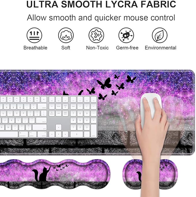 Ergonomic Keyboard Wrist Rest & Mouse Pad Wrist Rest Set, Large XXL Gaming Desk Mat 31.5"x 11.8" with Non-Slip Base, Memory Foam, Easy Typing Pain Relief for Home & Office, Black Cat and Butterfly