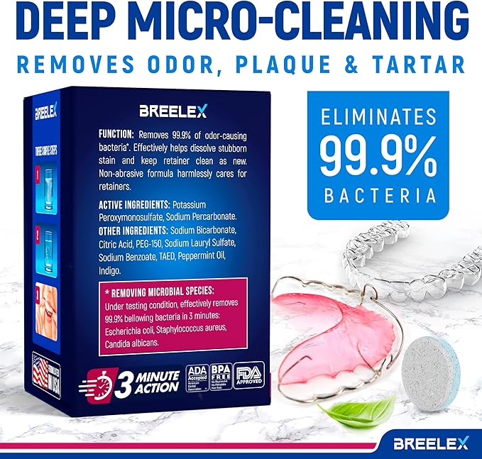 Breelex Denture Cleaning Tablets - 120 Retainer Cleaner Tablets for Aligner, Mouth & Night Guard - FSA HSA Approved Products - Dental Cleanser for Nightguard - Fresh in 3 Minute - Denture Cleaner