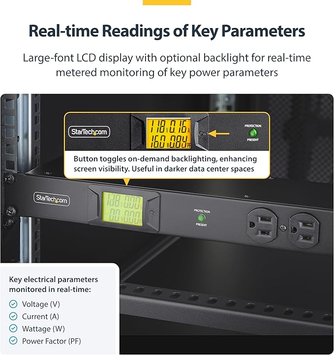 StarTech.com 12-Outlet Horizontal Rack Mount Metered PDU, 1U Server Power Strip w/Surge Protector, 8ft/2.4m Power Cable, TAA