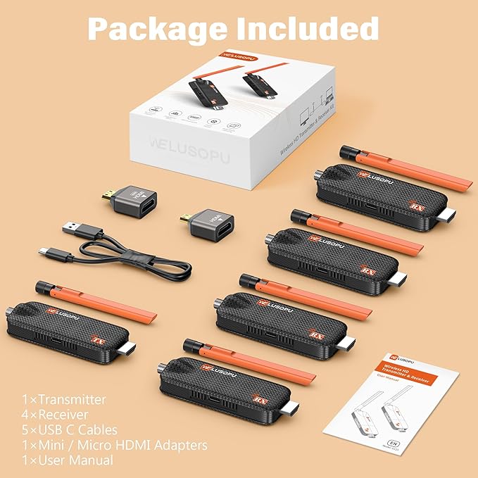WELUSOPU Wireless HDMI Transmitter and 4 Receivers, Support Up to 6 Receivers, 5.8G HDMI Wireless Extender Casting Content for PC Laptop Camera Cable Box to Multiple TVs Monitors Projectors -165FT
