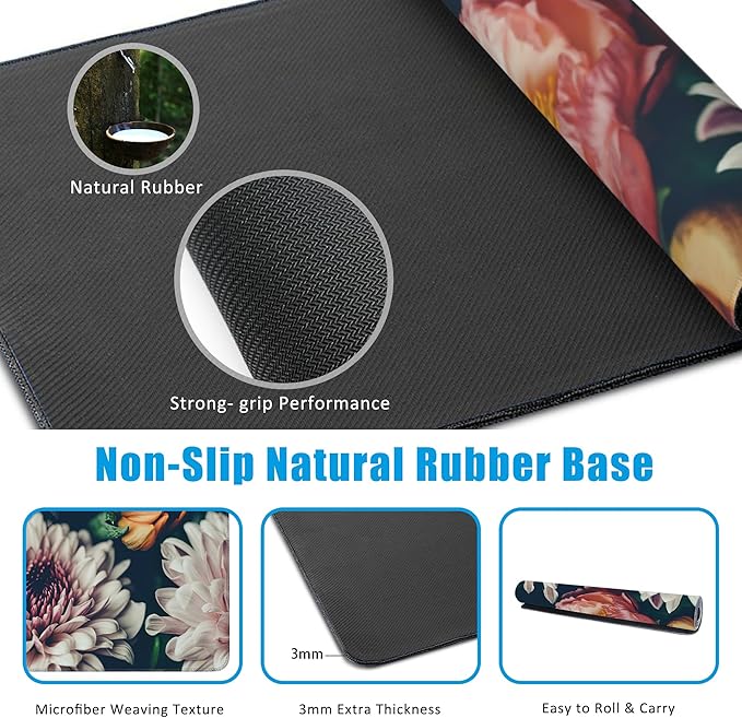 EOBKLAX Vintage Beautiful Flowers Desk Mat,Large Gaming Mouse Pad,Non-Slip Rubber Base Desk Pad with Stitched Edges for Desk Office Home Decor 35.4X15.7 Inch