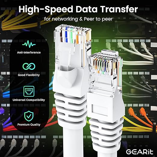GEARit Cat 6 Ethernet Cable (50-Pack 2 Feet) Cat6 Network Patch, 10Gbps, RJ45, Snagless Cord, Gold-Plated Connectors, Internet for PC, TV, Tablet, Router, Printer, Servers, IT Data Center - White