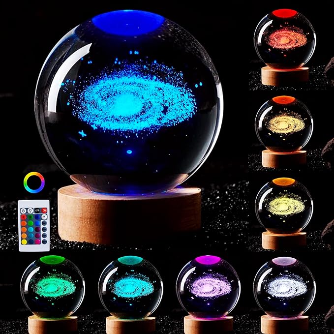 Conalisk 3D Galaxy Crystal Ball Lamp,3.15 Inch K9 Crystal Ball Night Light with Wooden Base,16 Colors Changing Light with Dimmable Remote Control,3D Laser Engraving Holographic Lamp (Galaxy)