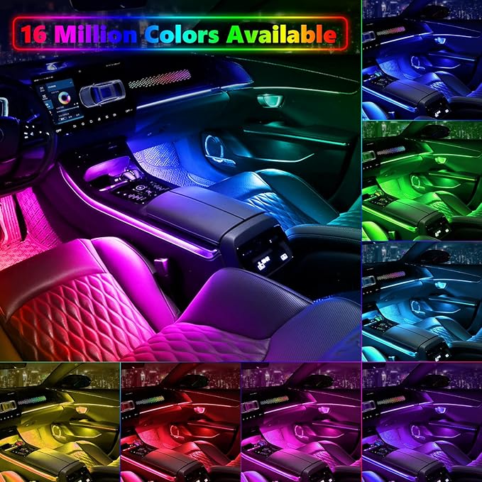 Dreamcolor Acrylic Interior Car Lights, AMKI Car LED Strip Light with Bluetooth APP, Car Ambient Lighting Kit with RGB 6 in 1 and 175 inches 593 LEDs, 16 Million Colors Sound Activated Car Neon Lights