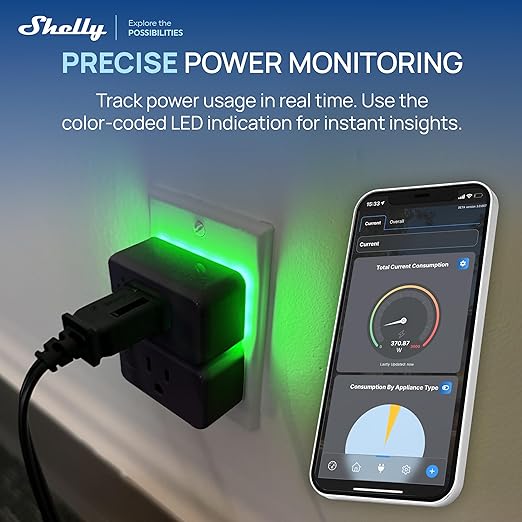 Shelly Smart Plug, WiFi, Bluetooth, Zigbee, Matter Outlet with Power Metering, Works with HomeKit, Google Home, Alexa, Home Assistant, Smart Socket, Easy Setup, Remote Control, Plug US Gen4 Black UL