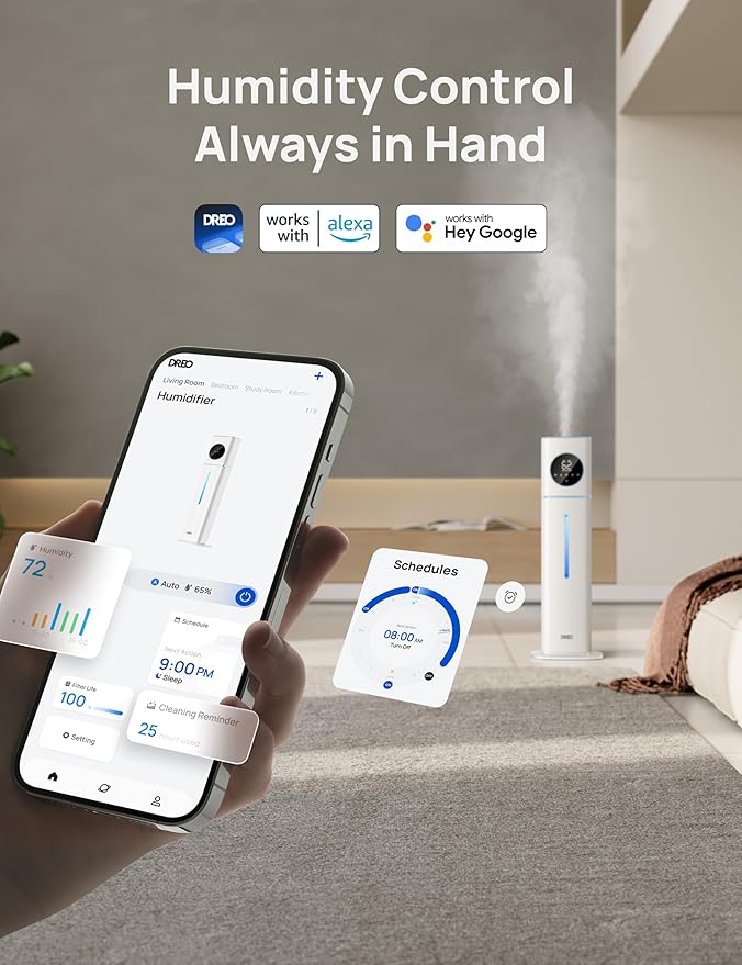 DREO HM735S 11L Smart Humidifier Large Room 700 ft², 100H Cool Mist Air Humidifiers for Bedroom, Top-Fill, Clean Tank Technology, 26dB, Auto Mode, Aroma Box, RGB, Remote & APP Control, Baby, Blue