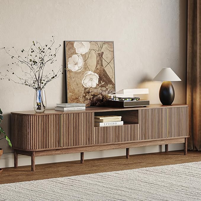 CHUWELL 86.6'' Fluted TV Stand for 75/80/85 Inch TVs, Mid Century Modern Entertainment Center with Large Storage Space & Open Shelves, Walnut TV Console with Sliding Doors for Living Room, Bedroom