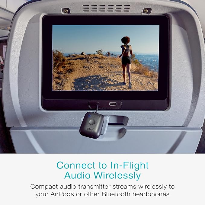 MEE Audio Connect Air in-Flight Bluetooth Wireless Audio Transmitter Adapter for up to 2 AirPods/Other Headphones; Works with All 3.5mm Aux Jacks on Airplanes, Gym Equipment, TVs, & Gaming Consoles