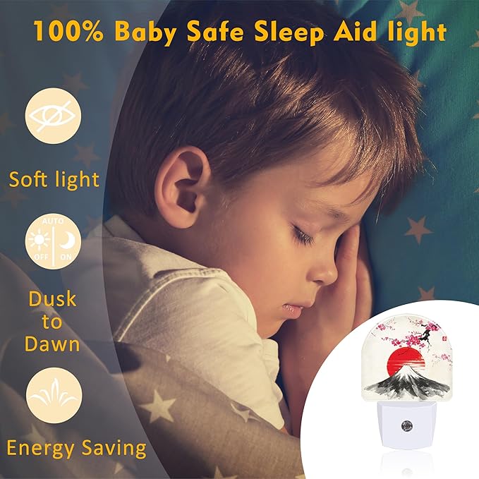sndheke Cherry Blossoms Sun and Mountain Night Light Plug into Wall, Watercolor Ink Painting Dusk to Dawn Night Light,0.5w Energy Saving Friendly Nightlights for Kids Boys Girls Home