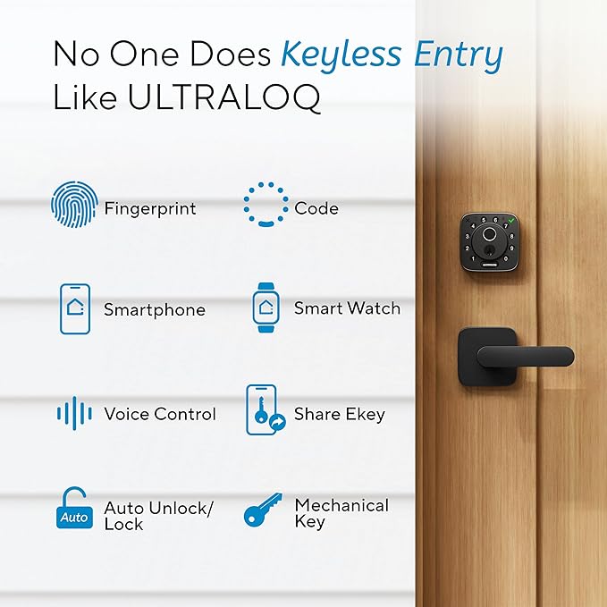 ULTRALOQ Bolt Fingerprint Smart Lock with Handle, 7-in-1 Keyless Entry Door Lock Set, Built-in WiFi Deadbolt, Auto-Lock & Unlock, App Remote Control, Works with Alexa, ANSI Grade 1,Black