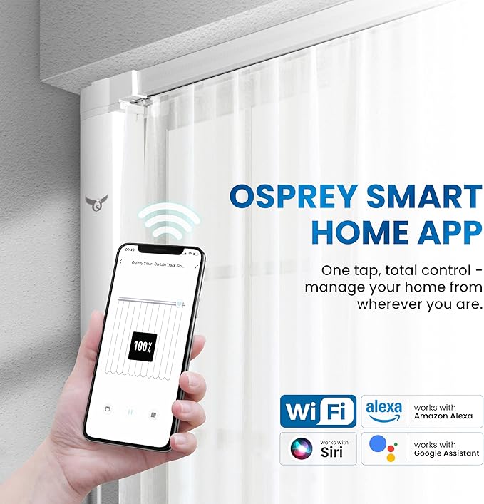 Osprey Smart Curtain Track, 5ft3/1.6m, Single-Piece Motorized Rod, Quiet Heavy-Duty Motor, Remote & App Control, Compatible with Alexa & Google Assistant, Ceiling or Wall Mounted (Single-side opening)