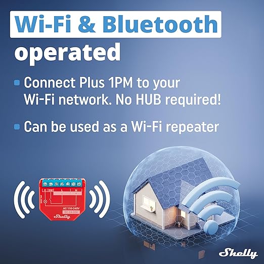 Shelly Plus 1PM | WiFi Smart Relay Switch with Power Metering | Home Automation | Bluetooth Gateway | Compatible with Alexa & Google Home | iOS Android App | No Hub | Wireless Lighting Control