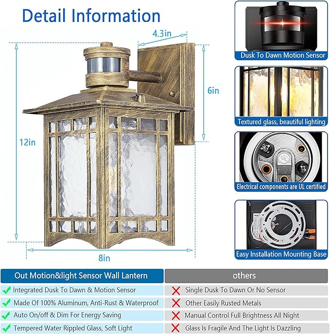 XANGQAN Bronze Outdoor Motion Sensor Lights - Dusk to Dawn Lighting Fixture for Outside House Exterior - Wall Mount Porch Lantern with Yard Front Motion Detector - Garage Patio Anti-Rust Light