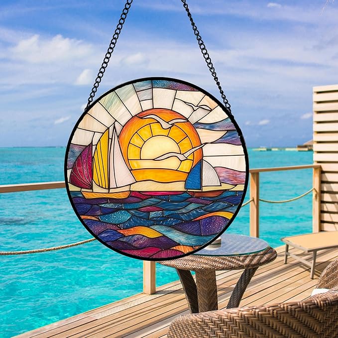 DASTOLL Stained Glass Window Hanging, Sailboat and Waves Suncatcher Diamond Glass Panel Hangings Sun Catchers Decor for Birthday for Women, Men, Wife, Aunt, and Mom 14.9x14.9 in