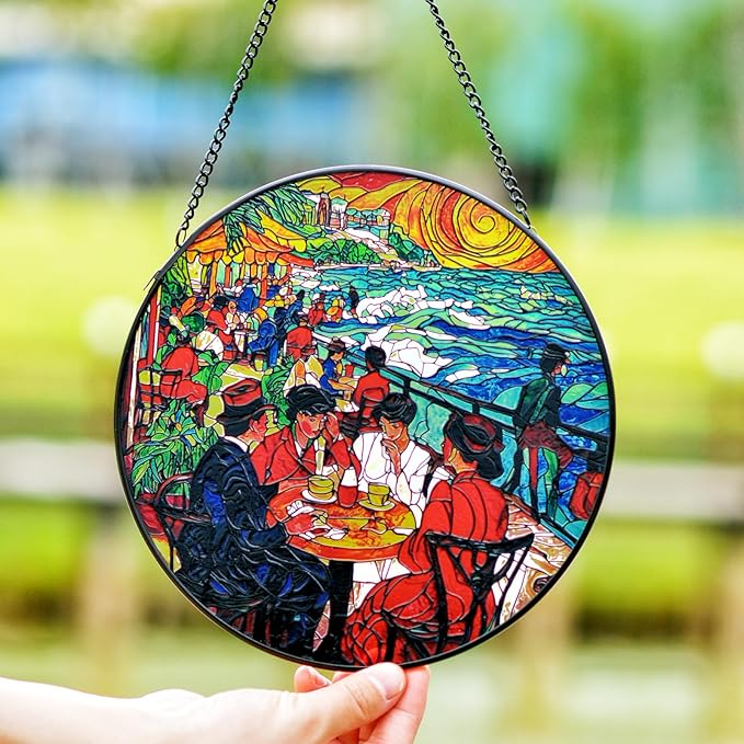 Stained Glass Window Hanging, Stunning 8''/20CM Suncatchers for Windows with Fade Resistant Hand-Painted Decorative Hanging Ornaments Captures Sunlight to Create a Vibrant Atmosphere (Beach Cafe)