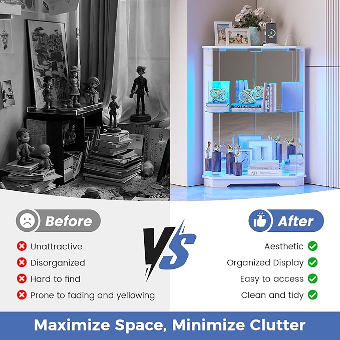 Dystler Corner Display Cabinet Set of 2 with Glass Doors, Small Display Case with 3-Color LED Lights and Charging Station, 2-Tier Curio Cabinet with Storage and Shelf, White