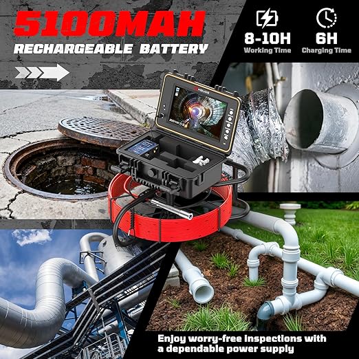 HBUDS Sewer Camera, Self Leveling Drain Camera 65ft with Meter Counter, 7mm Thick Cable, 9" HD Screen 1080P Plumbing Cameras Snake with Light, 5100mAh Battery Duct Pipe Video Inspection Cam DVR 32GB