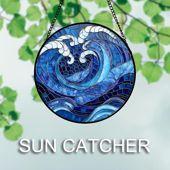 DASTOLL Stained Glass Window Hanging 4 Pcs Set Blue Ocean Waves 9.8" - Starfish Crab Seal Suncatcher Door Garden Sun Catcher Decor Birthday for Mom Woman Nana Men Friend