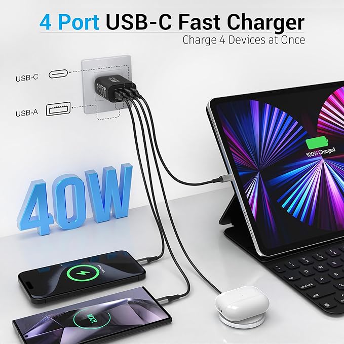 TT&C USB C Block 40W, 4 Ports Wall Plug Fast Charging Block, PD+QC Multiport Power Adapter USB C Charger Type C for iPhone 17, 17 Air, 17 Pro, 17 Pro Max, 16,15,14,13,12 Galaxy Phones-(Black 1Pack)