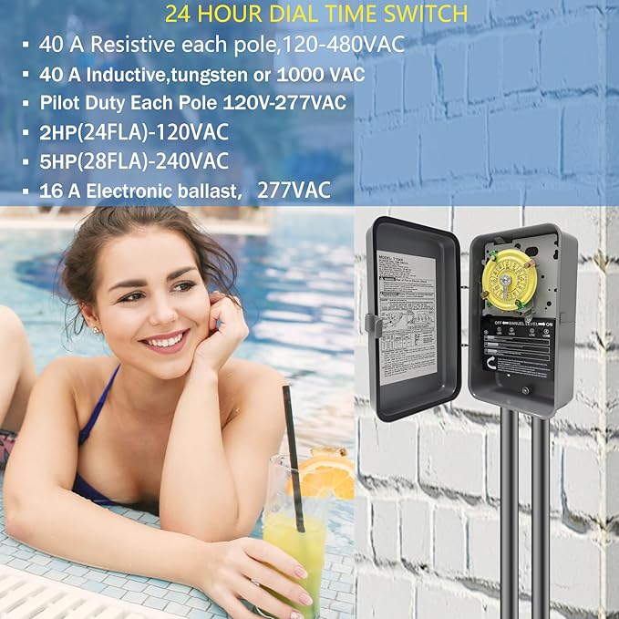 T104R Mechanical Timer Switch, 208–277 VAC 40 Amp,Pool Pump Switch, 24 Hour 12 ON/Off for Pump, Heavy Duty Pool Timers Outdoor, Timer for Pump Lights HVAC Systems, 5 Years Warranty